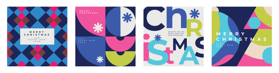 Minimalist geometric Christmas and New Year greeting cards set. Xmas templates with typography, ornament, numbers, colorful shapes. Perfect for holiday invitations, posters, prints.