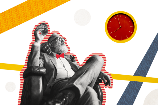Composite photo collage of serious old man sit armchair relax time clock dial drink cognac alcohol beverage isolated on painted background