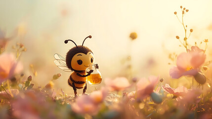 Fototapeta premium Cute Cartoon Bee Character Holding Jar of Honey in a Field of Flowers, Golden Hour Light, Illustration for Children's Book, Springtime