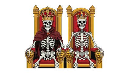 Fototapeta premium Royal Skeleton: A regal illustration of two skeletal figures, each adorned with a crown and seated upon ornate thrones, symbolizing death, authority, and the inevitable cycle of life.