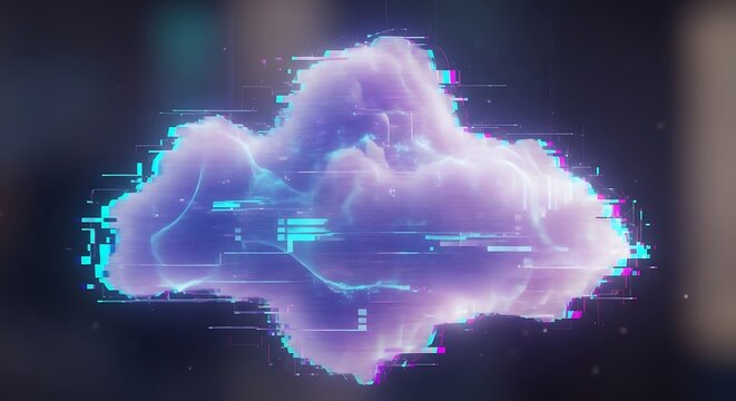 A glowing, ethereal cloud with digital glitch effects and circuit patterns, symbolizing cloud computing and data technology.