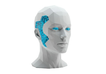 Polygonal robot head with glowing circuit patterns isolated on transparent background, artificial intelligence concept