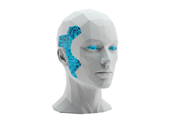 Polygonal robot head with glowing circuit patterns isolated on transparent background, artificial intelligence concept