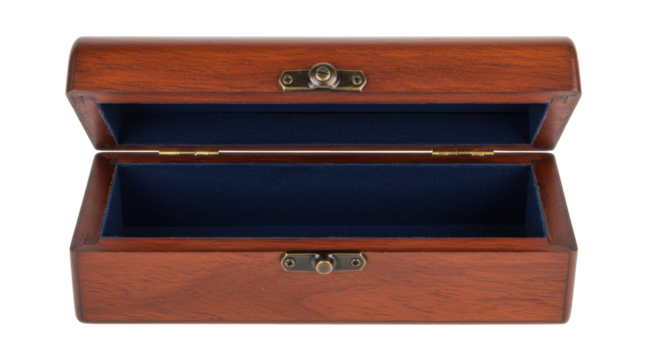 Open wooden jewelry box isolated on transparent background, vintage container for storage and display