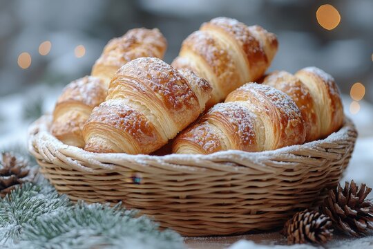 Basket filled with croises and pine cones.