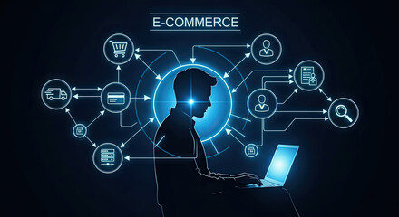 E-commerce concept displays interconnected digital elements illustrating online transactions and consumer data analysis. E-commerce strategy provides insight into user engagement, product delivery,