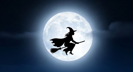 Naklejka premium Enchanting Halloween night with silhouette witch flying across moonlit sky