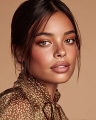 Studio portrait of a young woman with warm glowing skin and soft makeup against a peach background, photographed with gentle light. Perfect for beauty, skincare, cosmetics, wellness, lifestyle