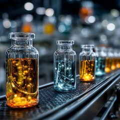 Pharmaceutical manufacturing process vials on conveyor belt in laboratory production line setting