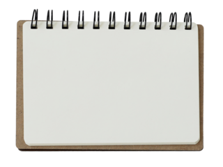 Opened spiral notebook isolated on transparent background. Empty diary, calendar.  Writing, notes, school or organization concept, cut out graphic object. Spring sketchbook stationery, top view.