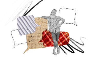 Composite trend artwork sketch image photo collage of speech cloud message social media chat silhouette aged man beard stand textbox