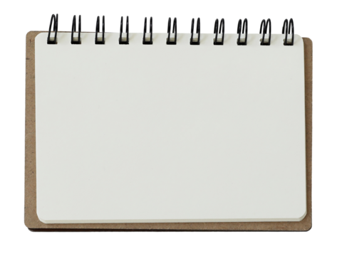 Opened spiral notebook isolated on transparent background. Empty diary, calendar.  Writing, notes, school or organization concept, cut out graphic object. Spring sketchbook stationery, top view.