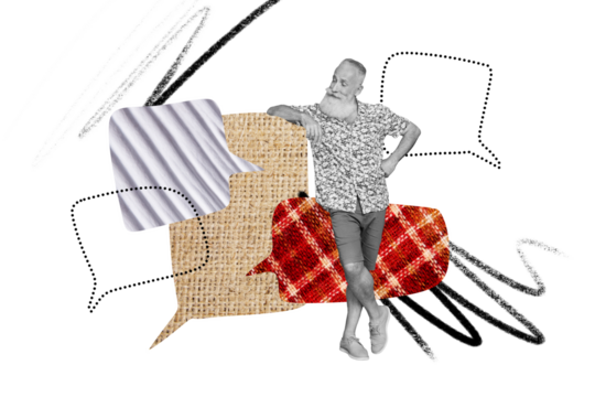 Composite trend artwork sketch image photo collage of speech cloud message social media chat silhouette aged man beard stand textbox