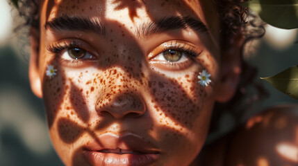 A girl with freckles on her face, where the shadows of white daisies fall, looks gentle and enchanting.