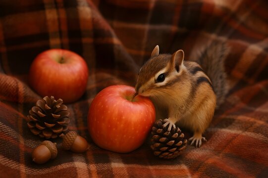 Chipmunk nibbling a red apple on a plaid blanket with pinecones and acorns. Warm, rustic autumn still life capturing cozy woodland vibes.