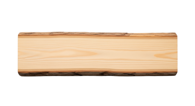 Single horizontal light wood piece with distinct grain, rough edges, on transparent isolated background, soft top-down light, no shadows, concept for natural material display