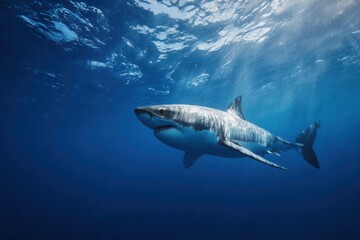 Fototapeta premium Great White Shark Underwater, Powerful Predator Swimming in Ocean - Wildlife Photography, Marine Life, Ocean Predator, Dramatic Lighting, Underwater Scene