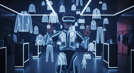 Virtual reality shopping experience with female avatar interacting with digital clothes in futuristic showroom. Virtual reality shopping offers innovative way to browse digital clothes,