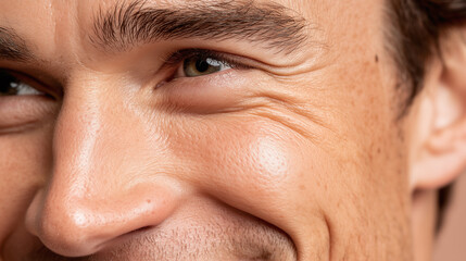 Obraz premium Close up of male cheekbone and under eye area showing natural skin texture and wrinkles with light facial hair and expressive eyes