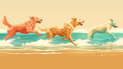 Joyful canine companions splashing in a sun-kissed oceanic paradise of pure bliss