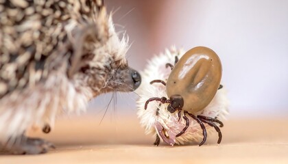 Obraz premium A close-up shot shows a hedgehog interacting with a large, engorged tick. The hedgehog is observing the tick