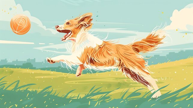 Energetic canine chase: A lively illustration of a dog fetching a ball in an open field