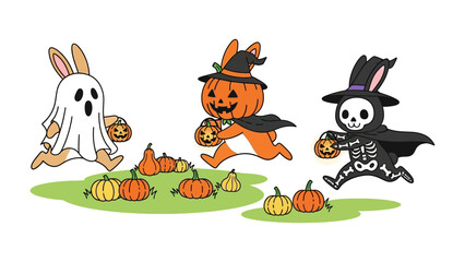 Spooky Hare Parade: Animated hares revel in Halloween merriment, running gleefully, each flaunting a distinctive costume, amid pumpkins and seasonal delights.