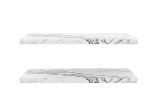 Two white marble shelves, rectangular, horizontal, grey and black veining, polished, smooth, empty, on transparent background with copy space. Concept for commercial product display
