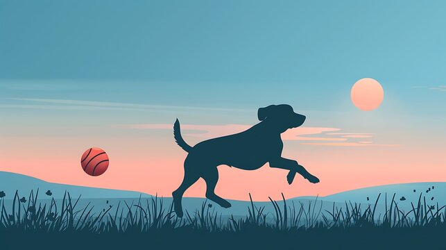 Silhouette of a dog catching a basketball at sunset, joyful pet activity
