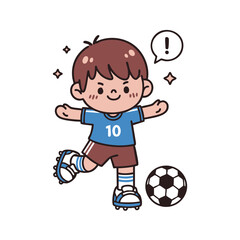 Cheerful Cartoon Soccer Player Kicking Ball with Exclamation Mark Above