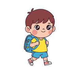 Cheerful Cartoon Boy Walking to School with Blue Backpack and Smile