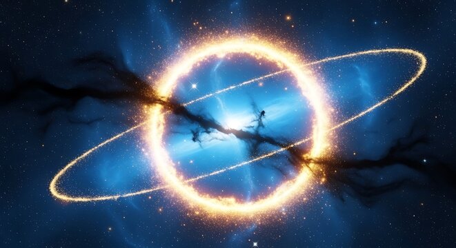 Cosmic ring of fire encircles a black hole with accretion disk and jets in deep space