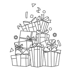 Illustration of gift box. Black line presents gift boxes for celebration, discounts or promotions.