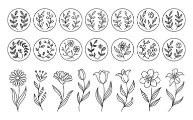 “Vintage Decorative Round Flower Frames with Delicate Botanical Lines”