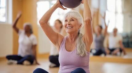 A blond senior woman doing sport exercises in a gym, active aging and well-being concept, activity and mental health of elderly people, AI-generated