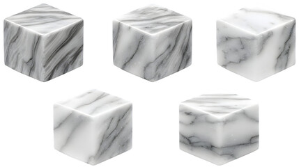 Five marble cubes arrangement on transparent png background