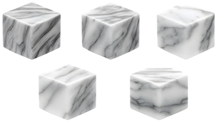 Five marble cubes arrangement on transparent png background