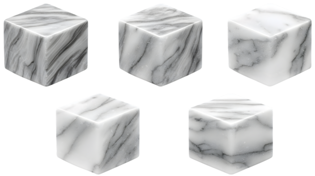 Five marble cubes arrangement on transparent png background