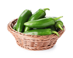 Green jalapeno peppers in basket isolated on white