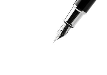 High-end dark fountain pen with gleaming silver nib poised over a crisp dark gray '@' symbol on transparent paper with copy space, minimalist concept of digital communication