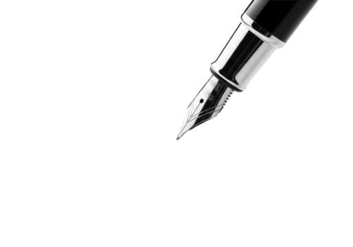 High-end dark fountain pen with gleaming silver nib poised over a crisp dark gray '@' symbol on transparent paper with copy space, minimalist concept of digital communication
