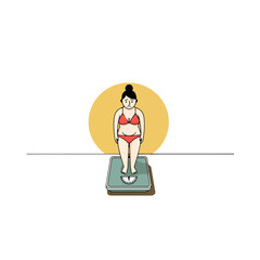Woman in bikini standing on a weight scale.