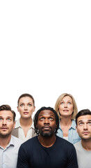 Obraz premium Diverse group of five individuals with wide, curious eyes and furrowed brows, looking upwards on a transparent studio background with ample copy space, concept of shared discovery