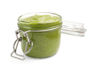 Fresh pesto sauce in jar isolated on white