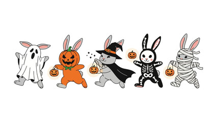 Halloween Bunny Parade: A whimsical procession of costumed bunnies, each dressed as a Halloween icon, merrily skips along, exuding charm and playful anticipation.