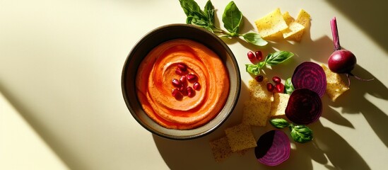 Bowl filled with carrot and beetroots dip or sauce, and crispy chips for snack, healthy vegan food, AI generated photo