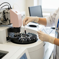 Scientist analyzing blood sample with cutting edge technology for medical research in modern lab during virus outbreak