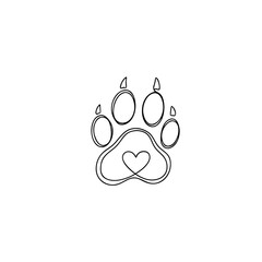 Continuous line drawing of a paw print with heart on a plain white background