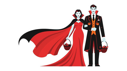 A Gothic Embrace: A stylized illustration of a vampire couple stands side by side, arms linked in a moment of dramatic, red and black flair.