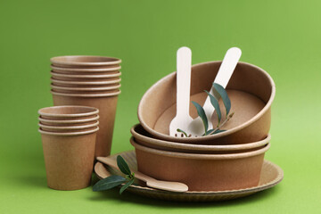 Set of disposable tableware and leaves on green background, closeup